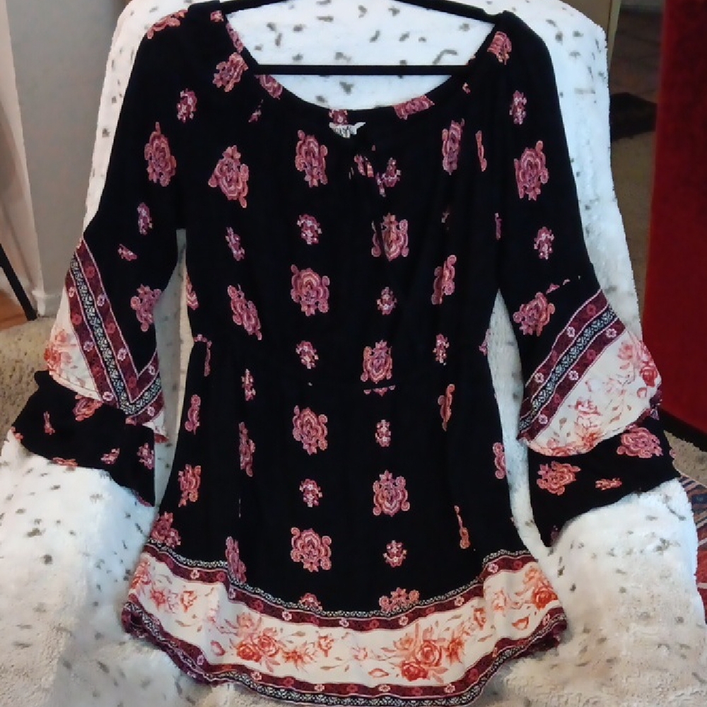 Bohemian Blush Black and Pink Ruffled Bell Sleeve Tunic